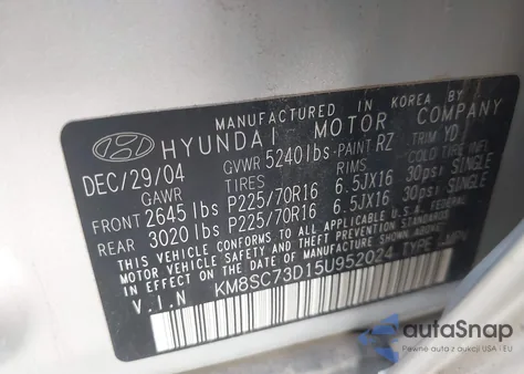 2005 Hyundai Santa Fe Gls из США, поврежденный, VIN KM8SC73D15U952024
